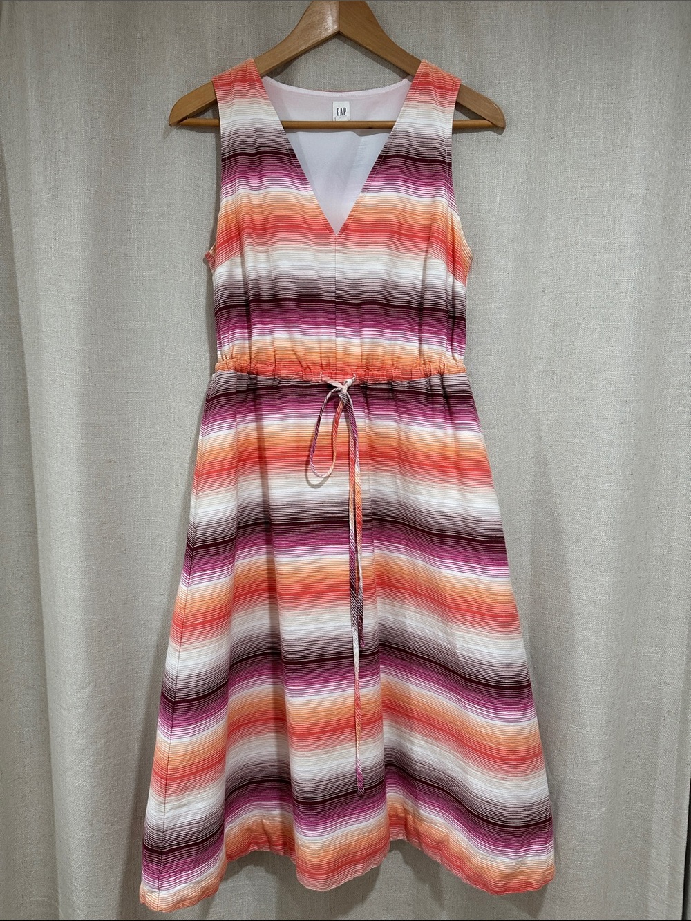 GAP Striped V-Neck Midi Dress in Coral, Pink & White